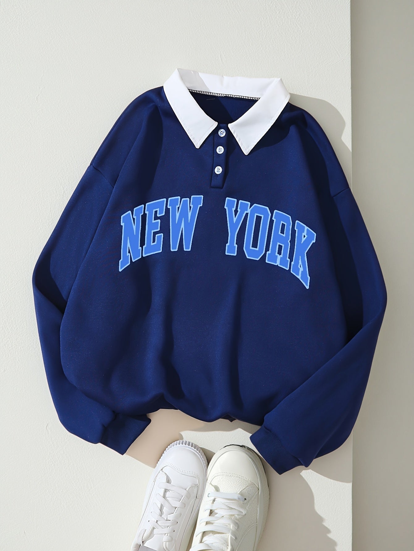 Unisex Langarm Sweatshirt Polo-Kragen "NEW YORK" Marineblau