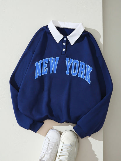 Unisex Langarm Sweatshirt Polo-Kragen "NEW YORK" Marineblau