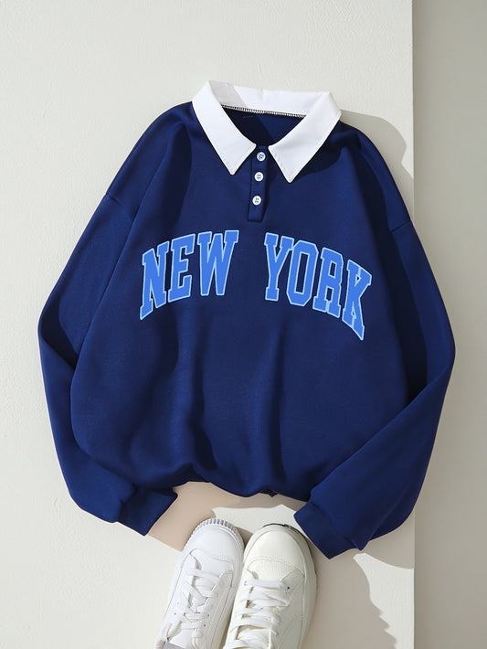 Unisex Langarm Sweatshirt Polo-Kragen "NEW YORK" Marineblau