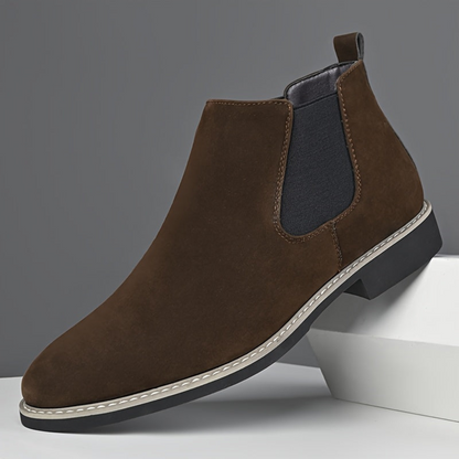Men's Chelsea boots in faux suede with elastic inserts, brown and black