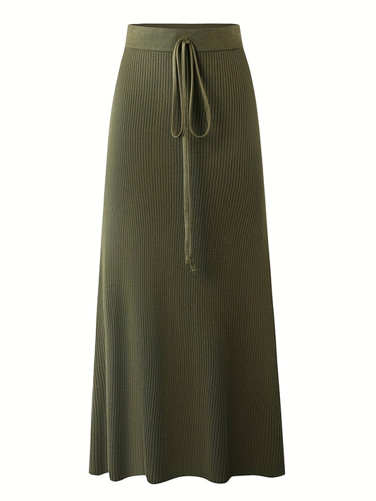 Women's midi skirt with ribbed texture and tie belt – elegant everyday skirt for office and leisure