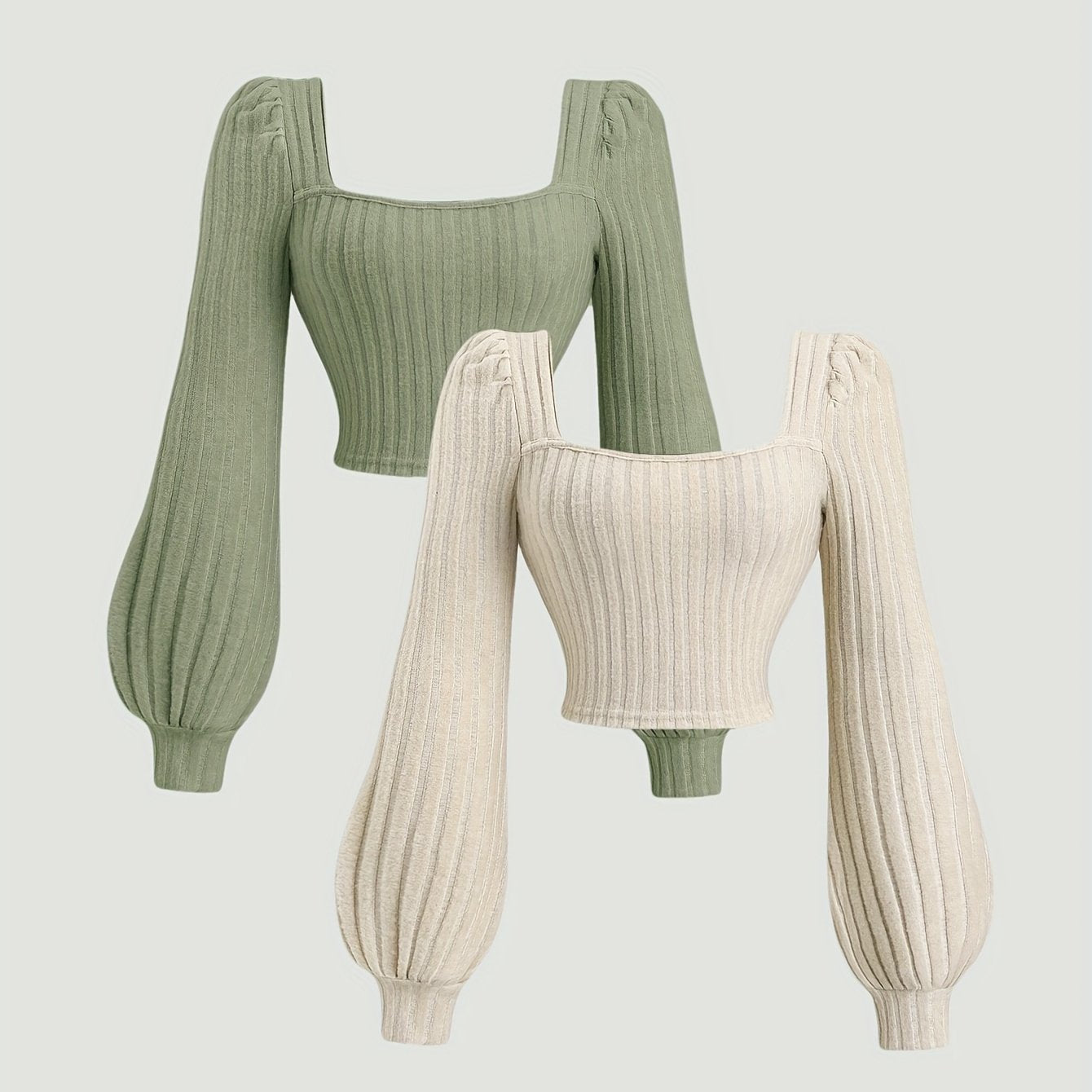 Geripptes Damen Crop-Top mit Puffärmeln und eckigem Ausschnitt