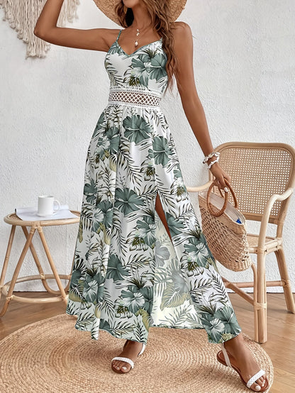 Women's Summer Maxi Dress Elegant with Floral Pattern, Spaghetti Straps, Perfect for Vacation & Leisure