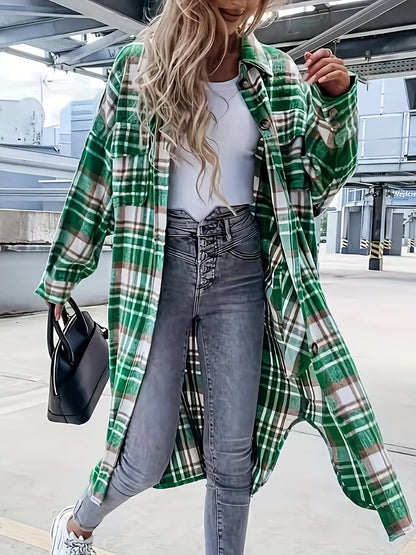 Women's Long Checked Oversize Shacket in Casual Look for Spring and Autumn