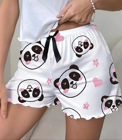Women's pajama shorts with panda print and bow – cute sleepwear for spring & summer, casual style