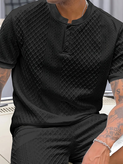 Herren Sommer Set – Strukturierte Freizeit Zweiteiler mit Knopfleiste, Kurzarm und Stehkragen