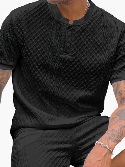 Herren Sommer Set – Strukturierte Freizeit Zweiteiler mit Knopfleiste, Kurzarm und Stehkragen