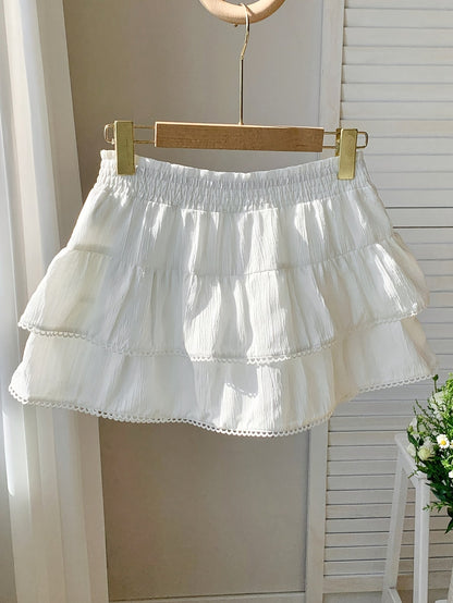 Women's summer mini skirt with ruffles and elastic waistband – Playful boho style for leisure and vacation