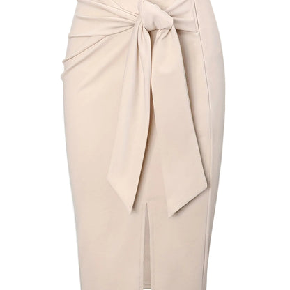 Women's Elegant Midi Skirt with Bow Detail and Slit – Perfect for Office & Festive Occasions
