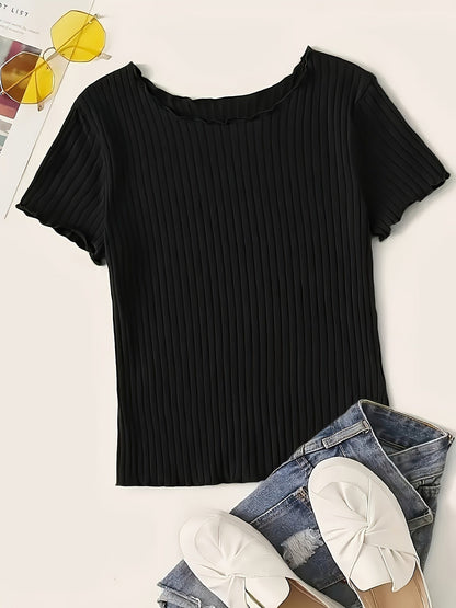 Women's short-sleeve ribbed top with wavy hem – fashionable basic for everyday and office wear
