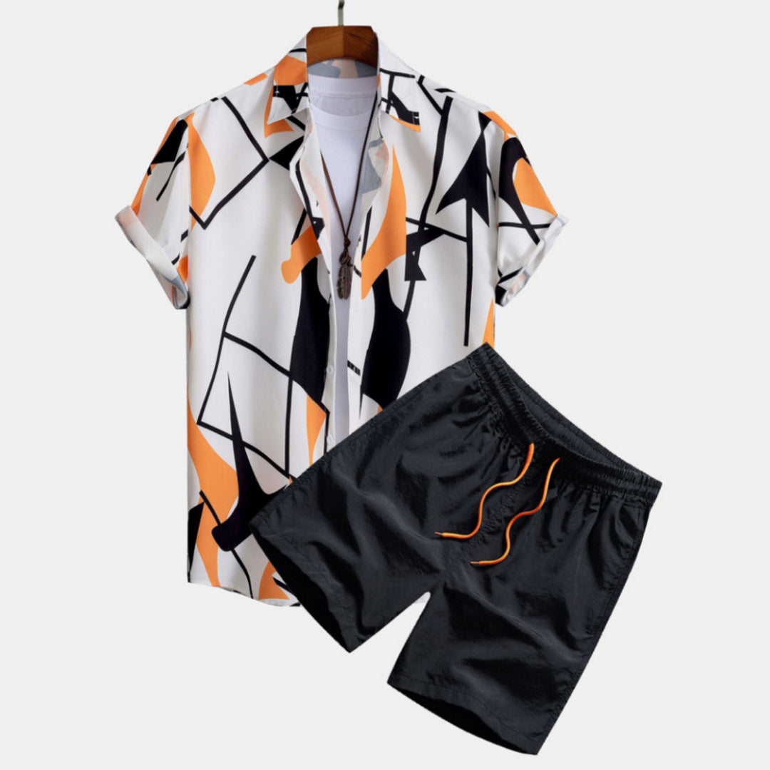 Men's Summer Casual Two-Piece with Abstract Print – Fashionable Short-Sleeve Shirt & Shorts Set for Vacation and Everyday Wear