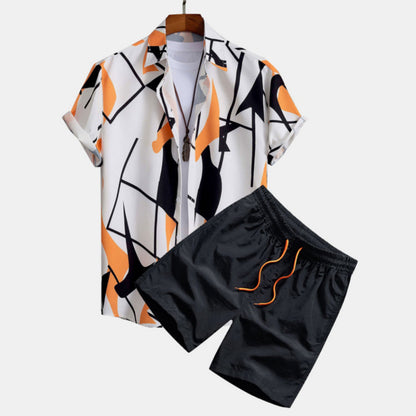 Men's Summer Casual Two-Piece with Abstract Print – Fashionable Short-Sleeve Shirt & Shorts Set for Vacation and Everyday Wear