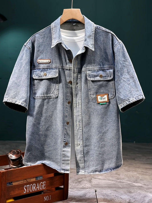 Men's Oversize Short Sleeve Denim Shirt Vintage Workwear Street Style