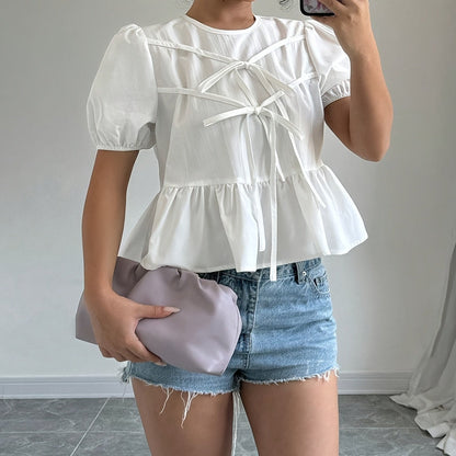 Women's Peplum Blouse with Puff Sleeves and Bows – Romantic Vintage Look for Leisure & Everyday Wear