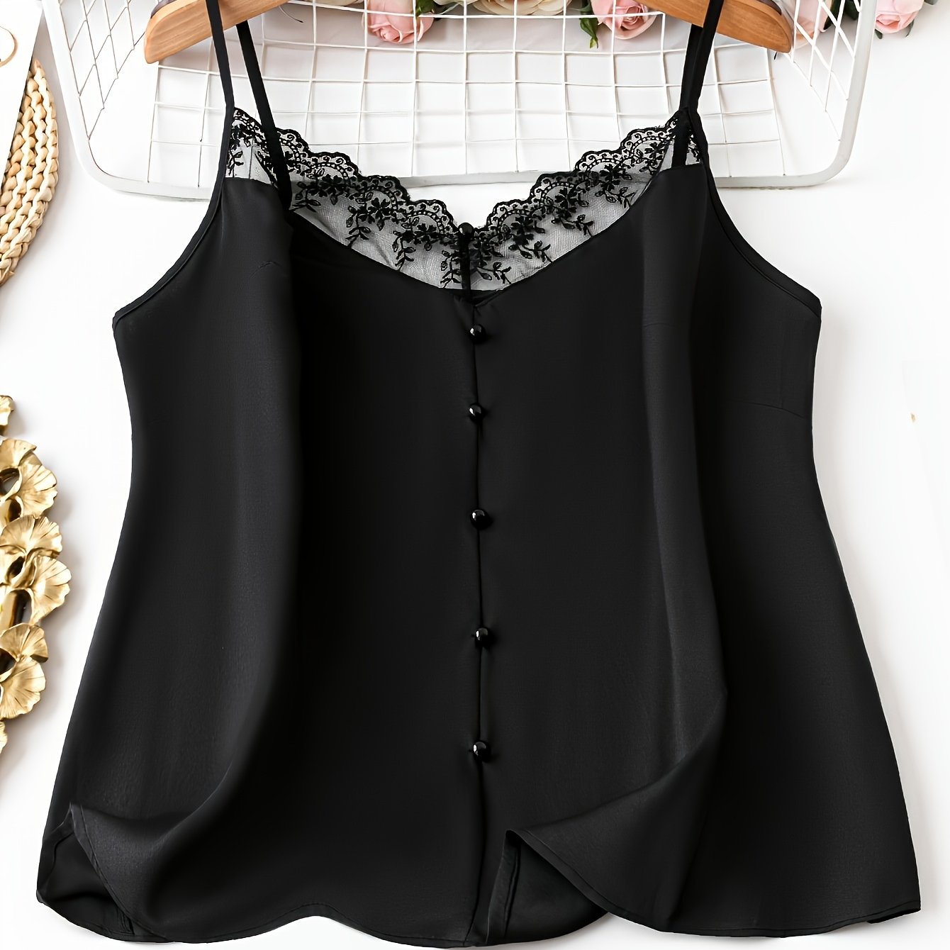 Women's spaghetti strap top with button placket and lace trim – Elegant blouse for everyday wear and special occasions