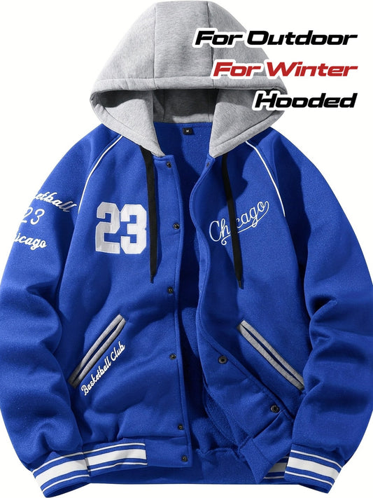 Men’s baseball jacket with hood, snap buttons, embroidery, and ribbed cuffs