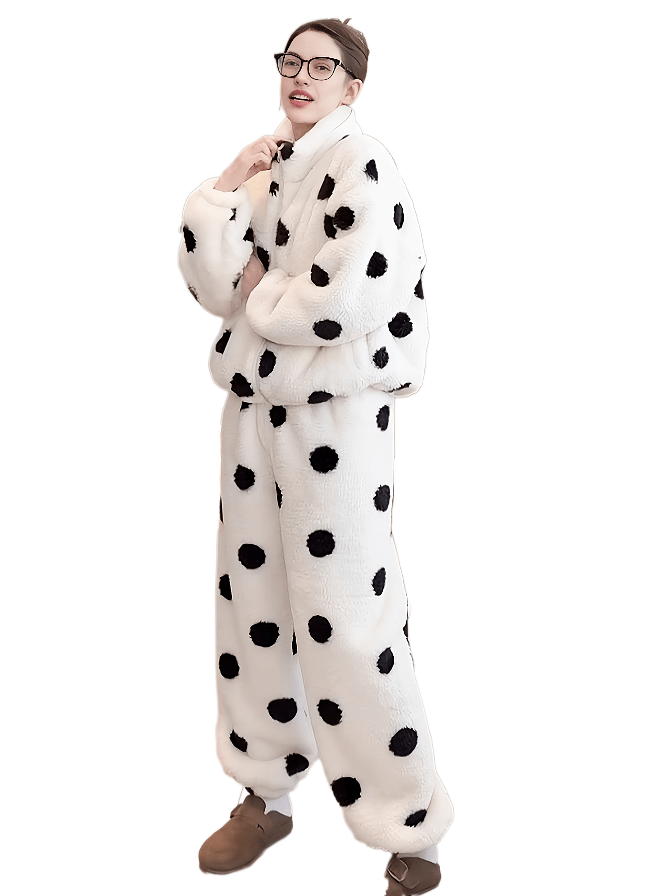 Women's Loungewear Set Plush Polka Dots Zipper Stand Collar Pajamas