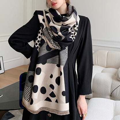 Schal mit abstraktem Punktmuster, Beige-Schwarz-Grau