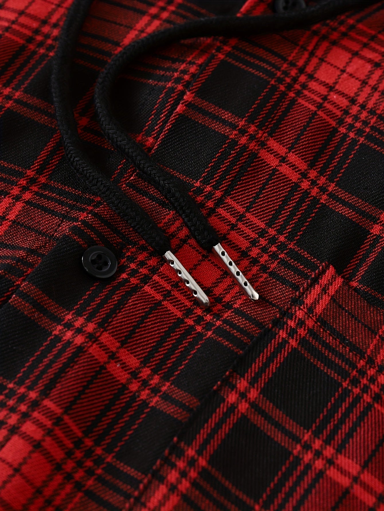 Men's checkered shirt jacket look, black and red grid pattern, hooded, long-sleeved