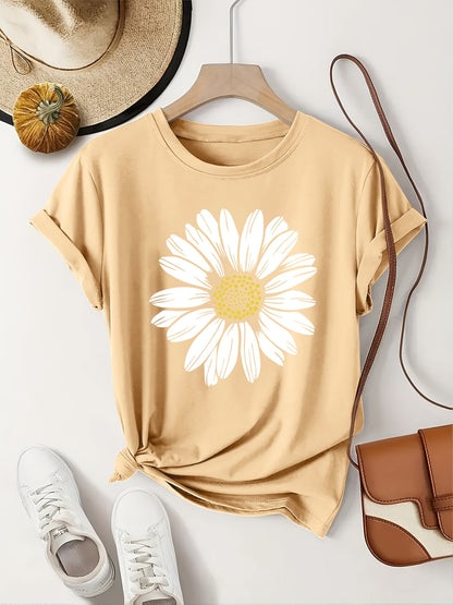Women's T-Shirt with Daisy Print – Casual Summer Fashion for Leisure and Everyday Wear