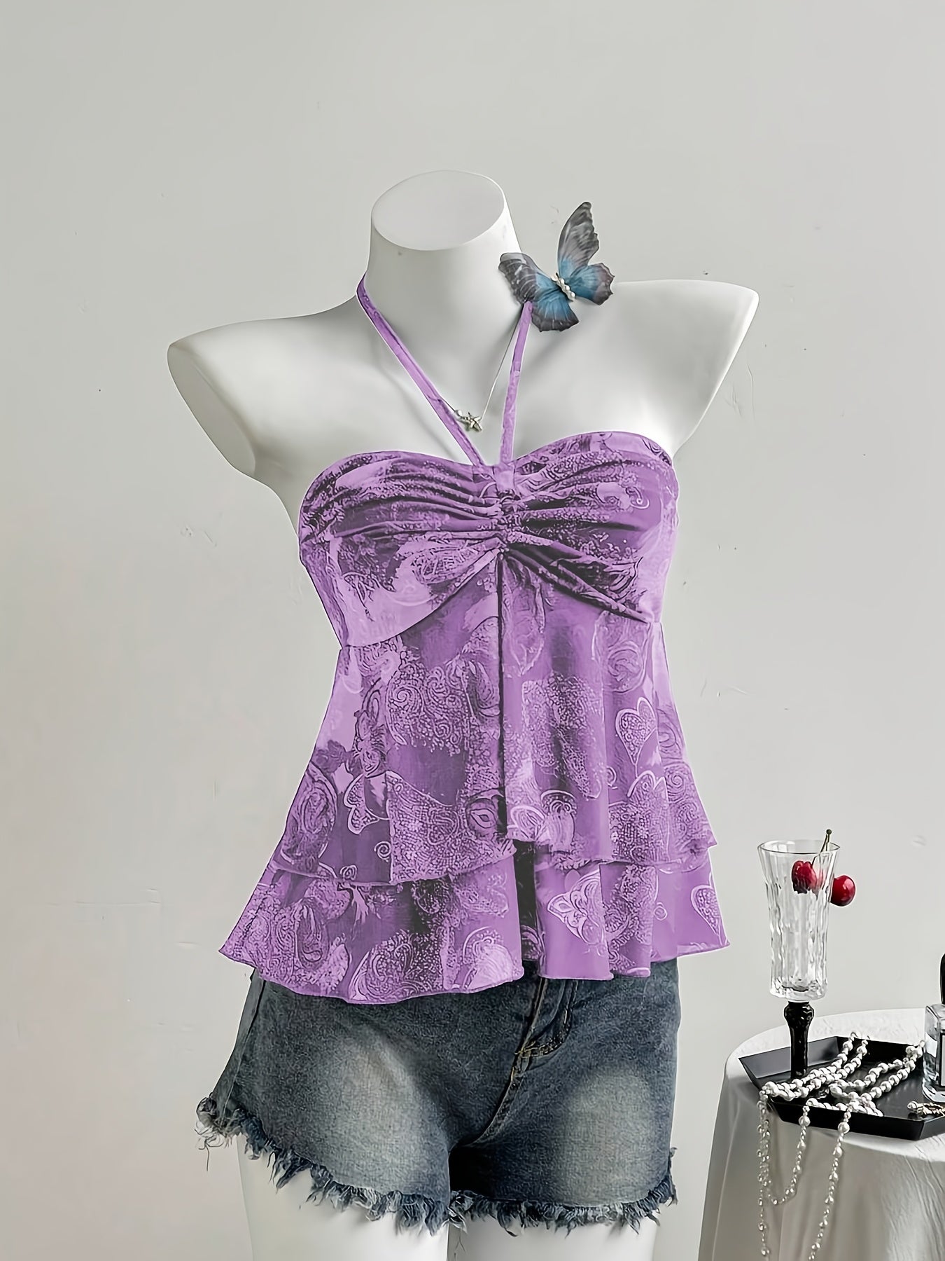 Women's Halterneck Top with Ruffles and Romantic Pattern – Ideal for Casual Wear and Summer