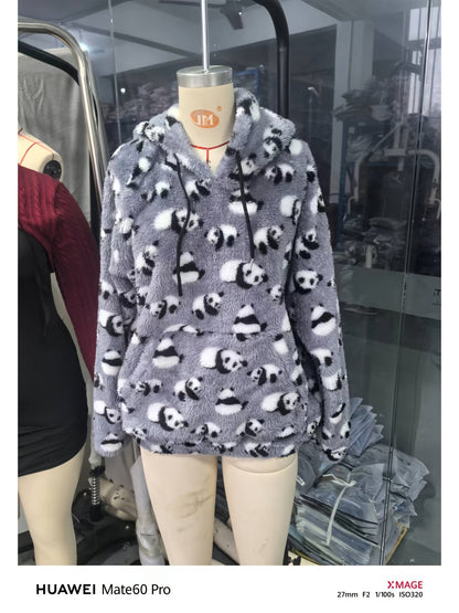 Unisex teddy hoodie with ethnic pattern in beige/brown/black