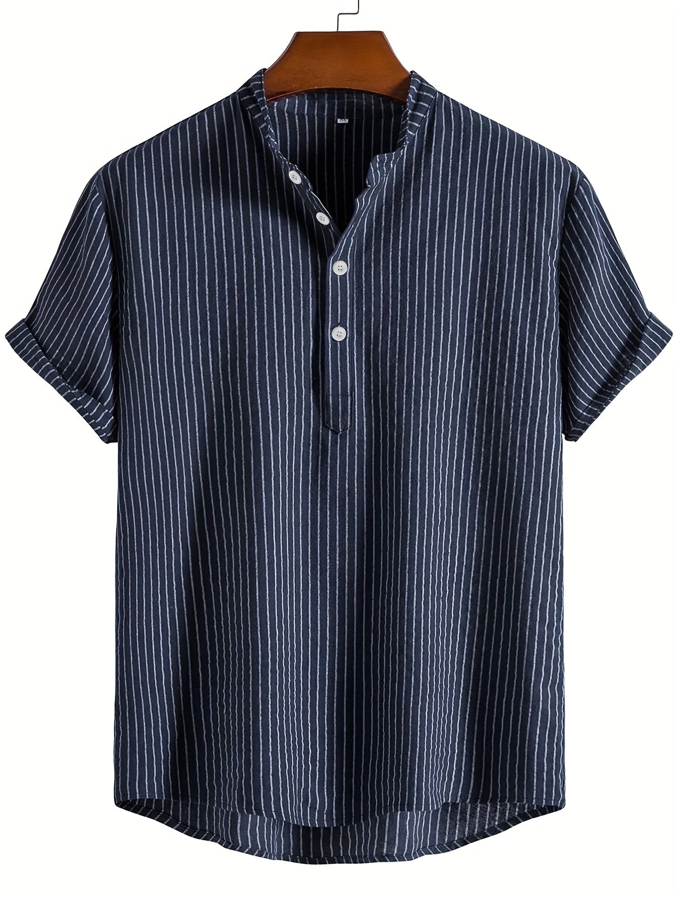 Men's Casual Short-Sleeve Shirt with Stand-Up Collar and Button Placket – Striped Regular Fit Summer Shirt