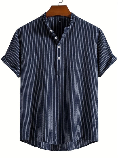 Men's Casual Short-Sleeve Shirt with Stand-Up Collar and Button Placket – Striped Regular Fit Summer Shirt