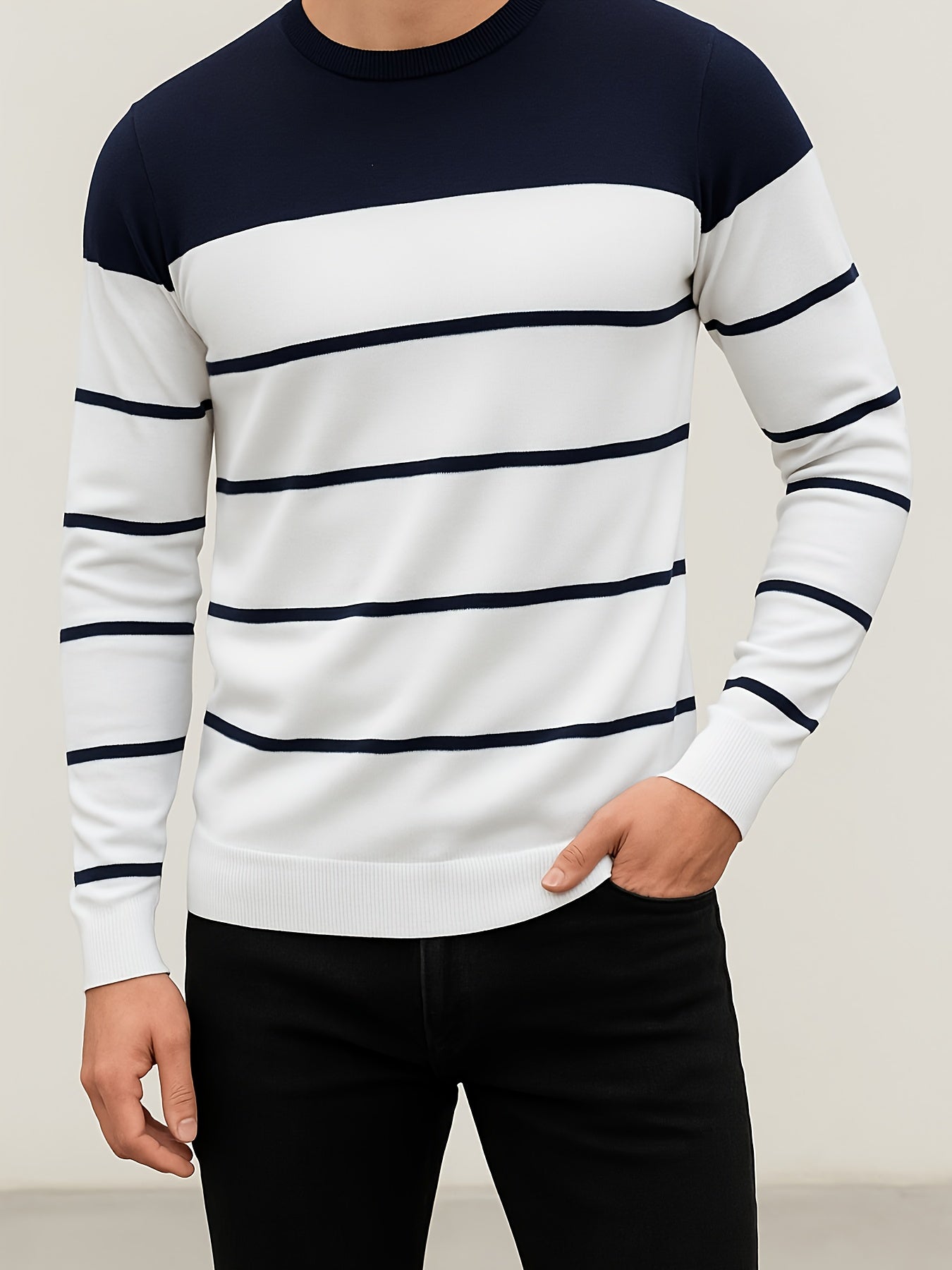 Men's striped crew-neck long-sleeve sweater, green and white