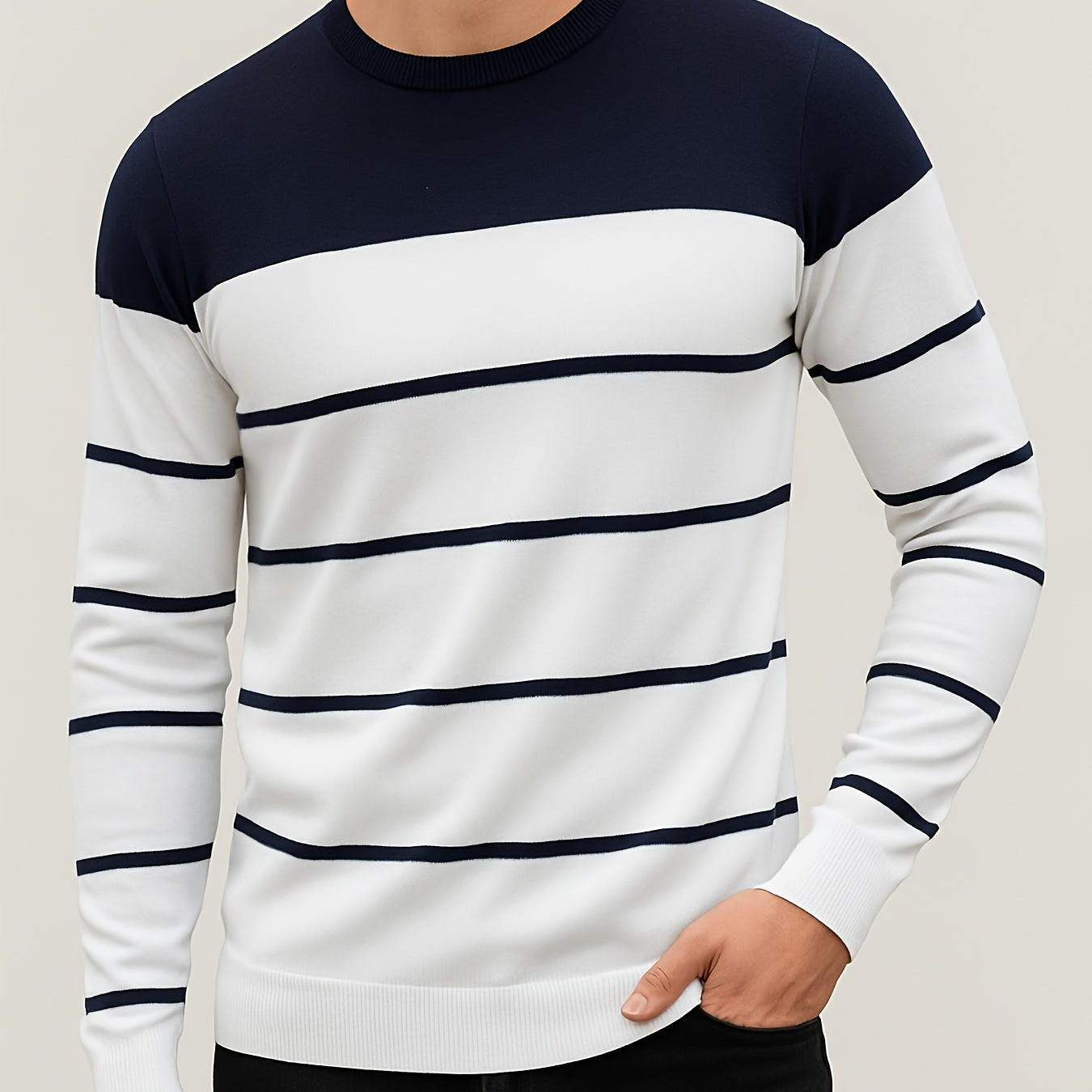 Men's striped crew-neck long-sleeve sweater, green and white