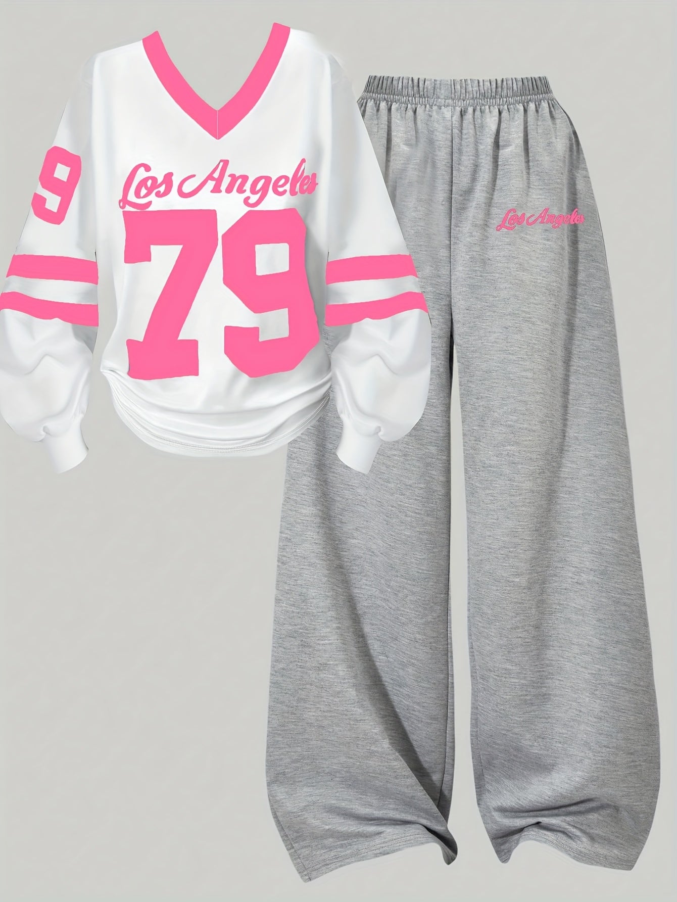 Two-piece women’s sports set: long-sleeve V-neck shirt and wide-leg pants, gray and white