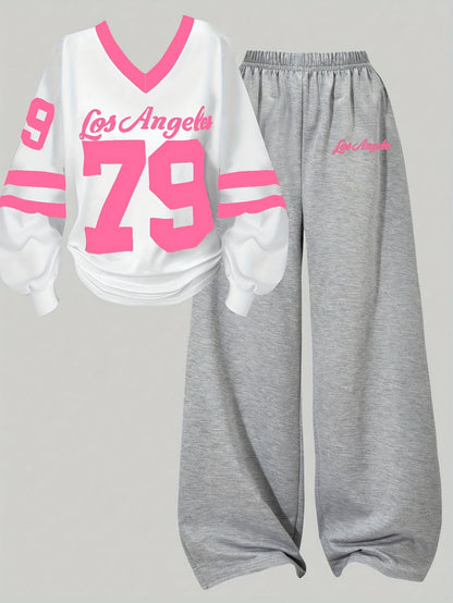 Two-piece women’s sports set: long-sleeve V-neck shirt and wide-leg pants, gray and white