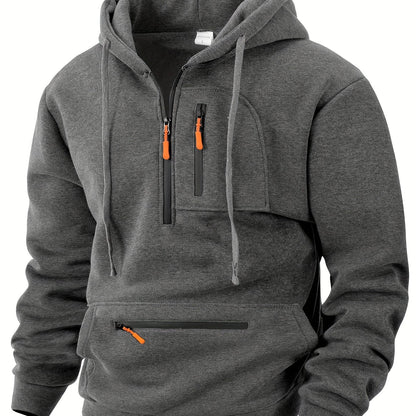 Men's hoodie with half-zip, kangaroo pocket & chest pocket, hooded sweatshirt