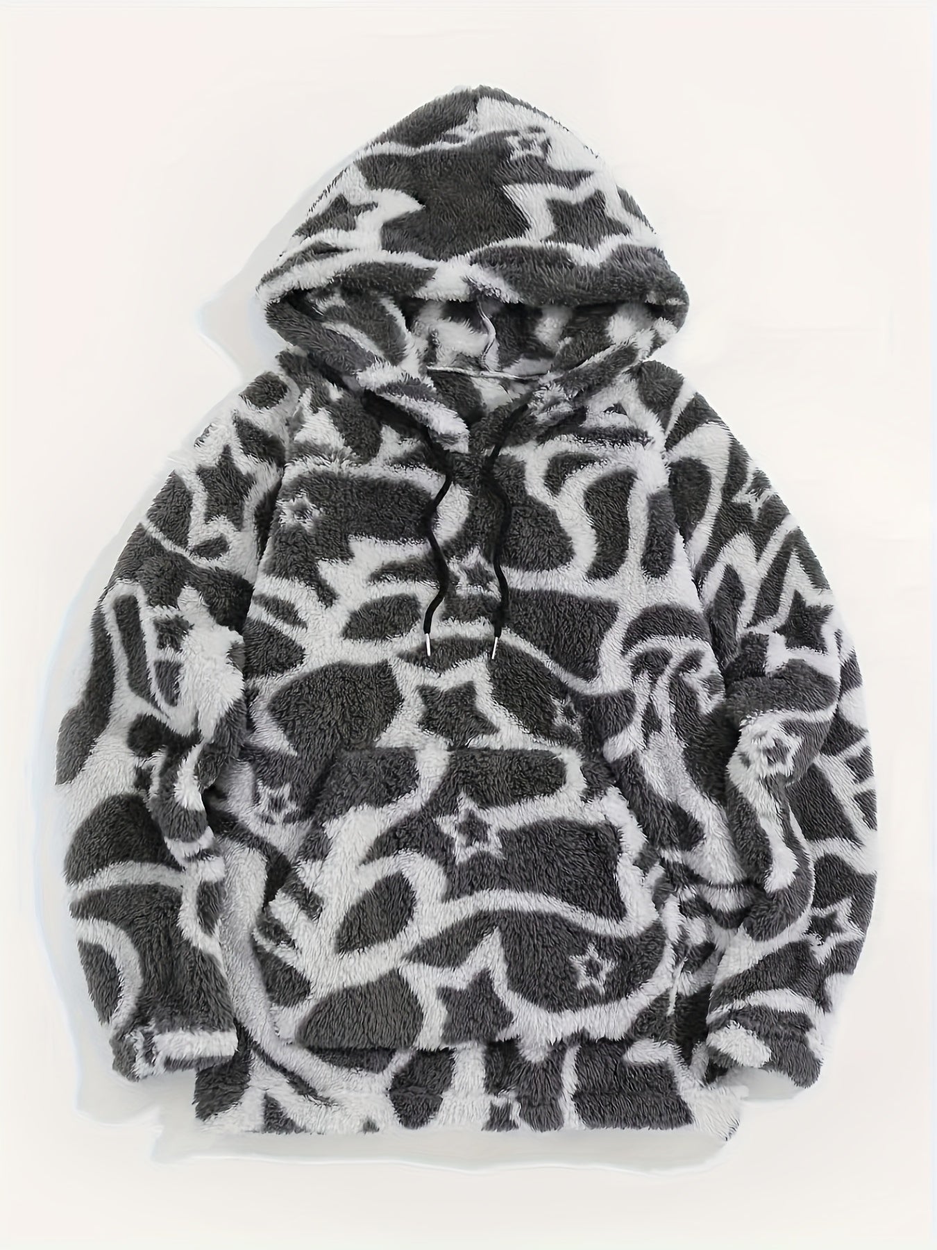 Unisex teddy hoodie with ethnic pattern in beige/brown/black
