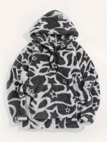 Unisex teddy hoodie with ethnic pattern in beige/brown/black