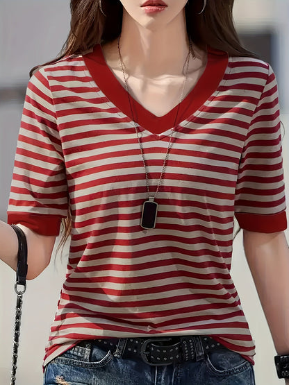 Damen Modernes Streifen T-Shirt mit V-Ausschnitt – Lässiger Alltagsstil