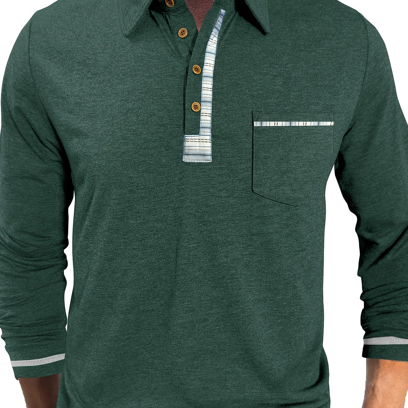 Men's long-sleeved polo shirt with chest pocket and patterned details