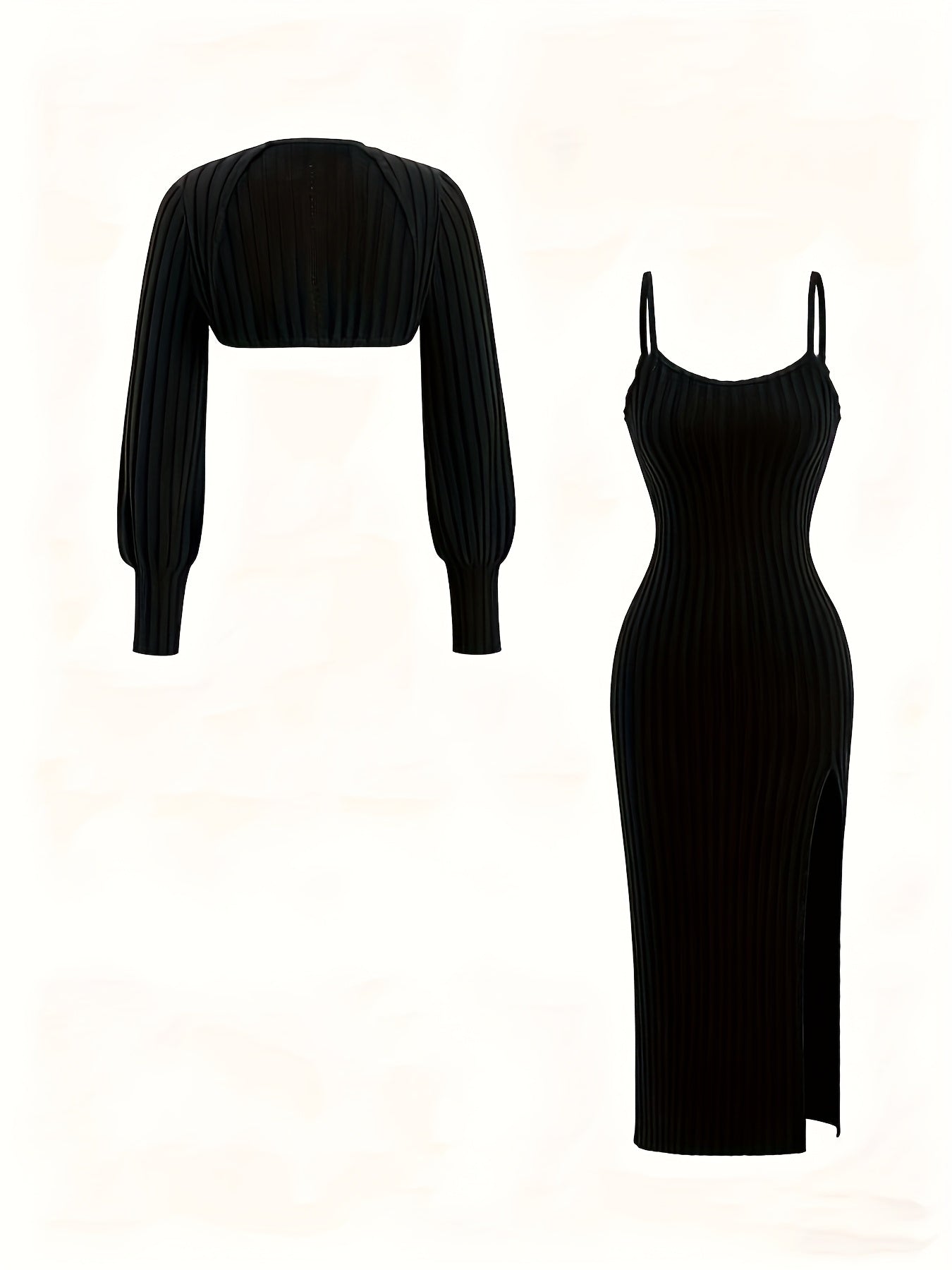 Women's ribbed spaghetti-strap dress and bolero knit set with side slit