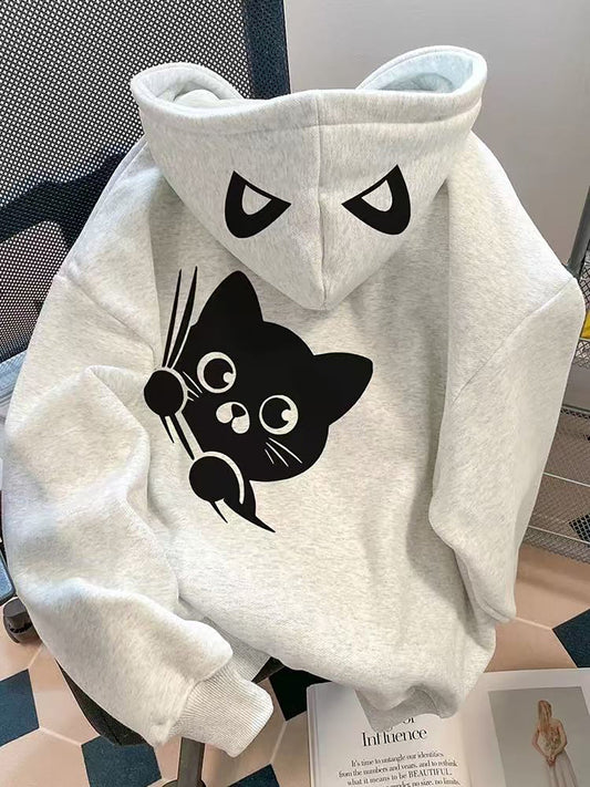 Gray hoodie with cat print, unisex pullover hoodie