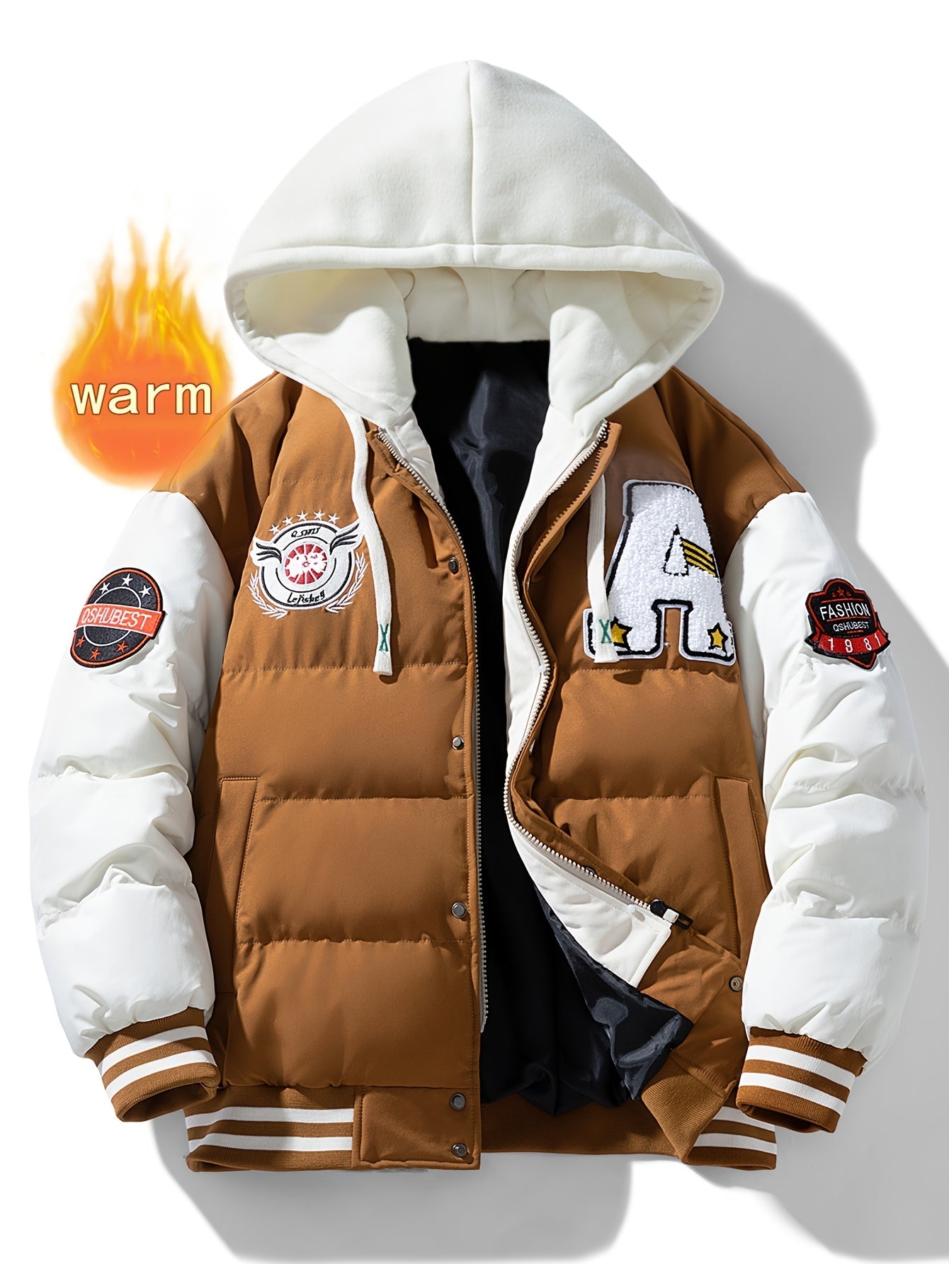 Unisex Winter Jacke im College-Stil mit abnehmbarer Kapuze, Kontrastärmeln & Patches