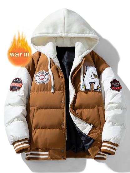 Unisex Winter Jacke im College-Stil mit abnehmbarer Kapuze, Kontrastärmeln & Patches