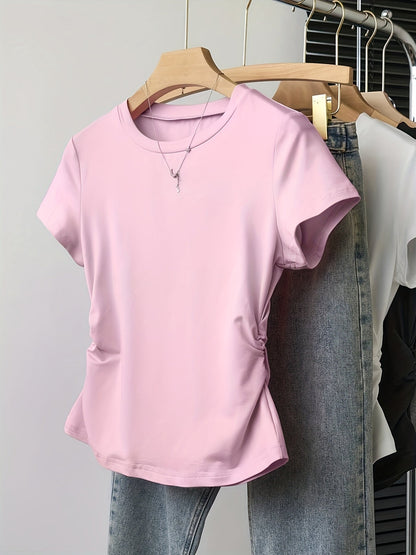 Women's Basic T-Shirt with Crew Neck and Ruching – Everyday & Casual