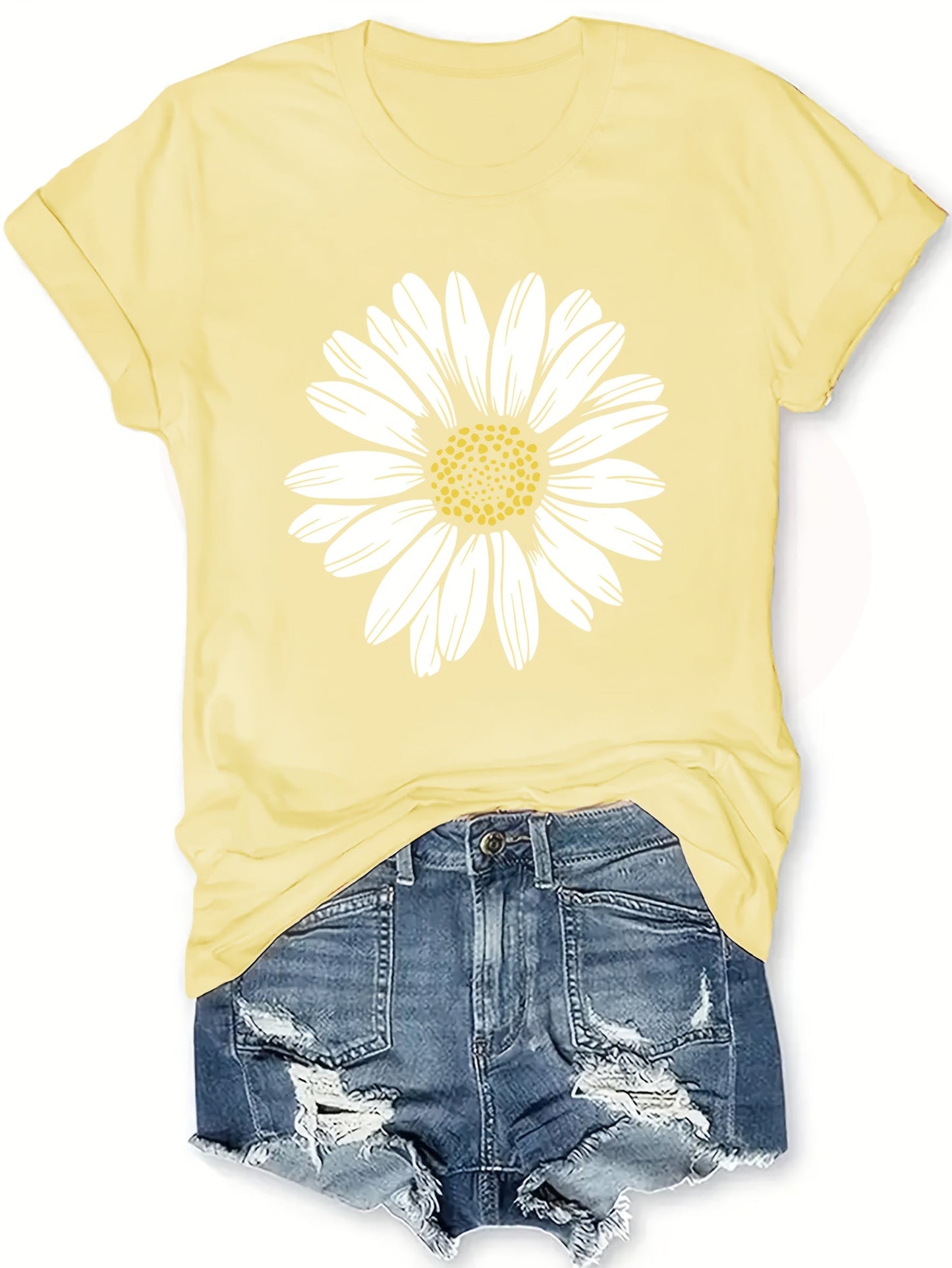 Women's T-Shirt with Daisy Print – Casual Summer Fashion for Leisure and Everyday Wear