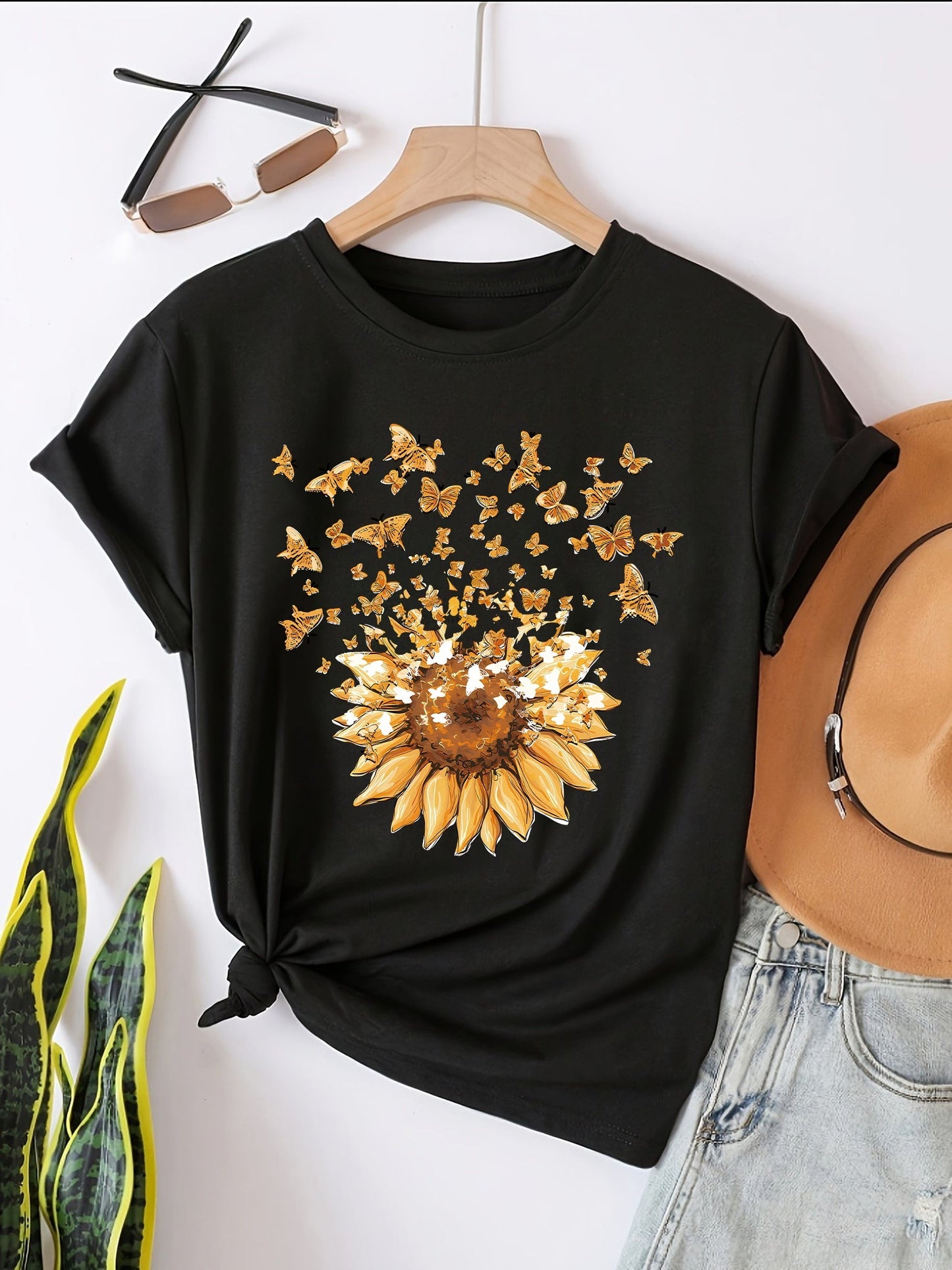 Women's T-shirt with Sunflower and Butterfly Print, Casual Style, Spring/Summer