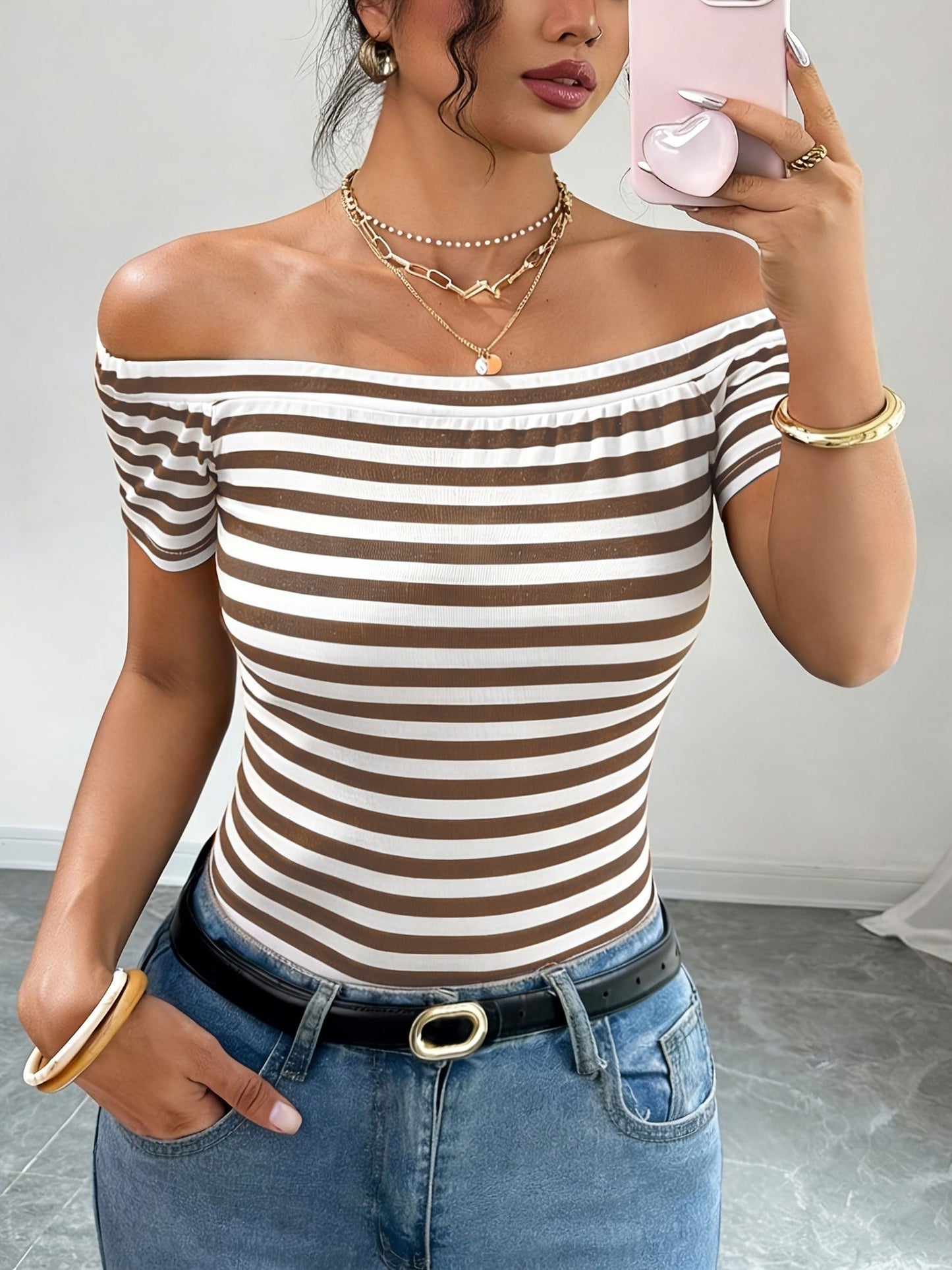 Women's Off-Shoulder Striped Shirt – Bardot Style for Everyday & Going Out