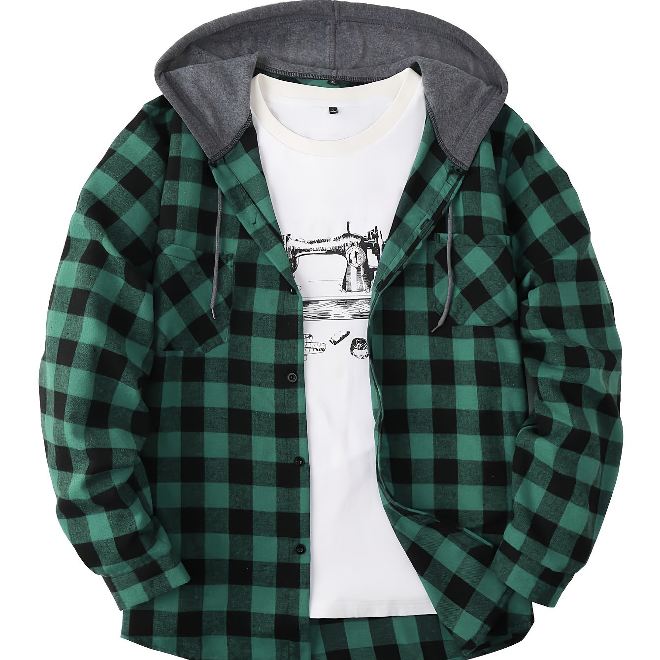 Men’s plaid hooded shirt with button placket