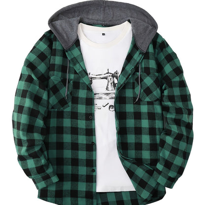 Men’s plaid hooded shirt with button placket