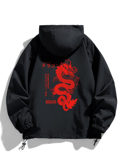 Unisex black windbreaker jacket with hood and red dragon design