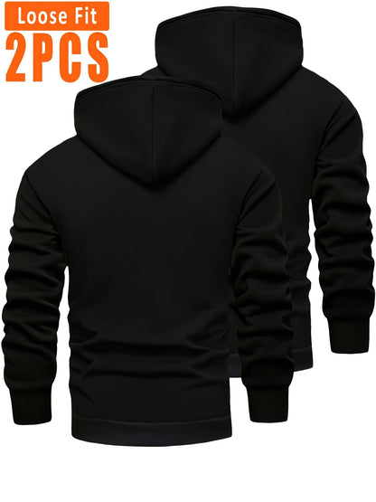 2-pack of men’s hooded sweatshirts, fleece-lined, with kangaroo pockets and drawstrings, black & dark gray