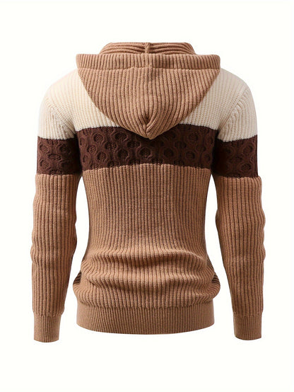 Herren Hoodie Pullover mit Kapuze Blockstreifen Gerippt Braun Beige